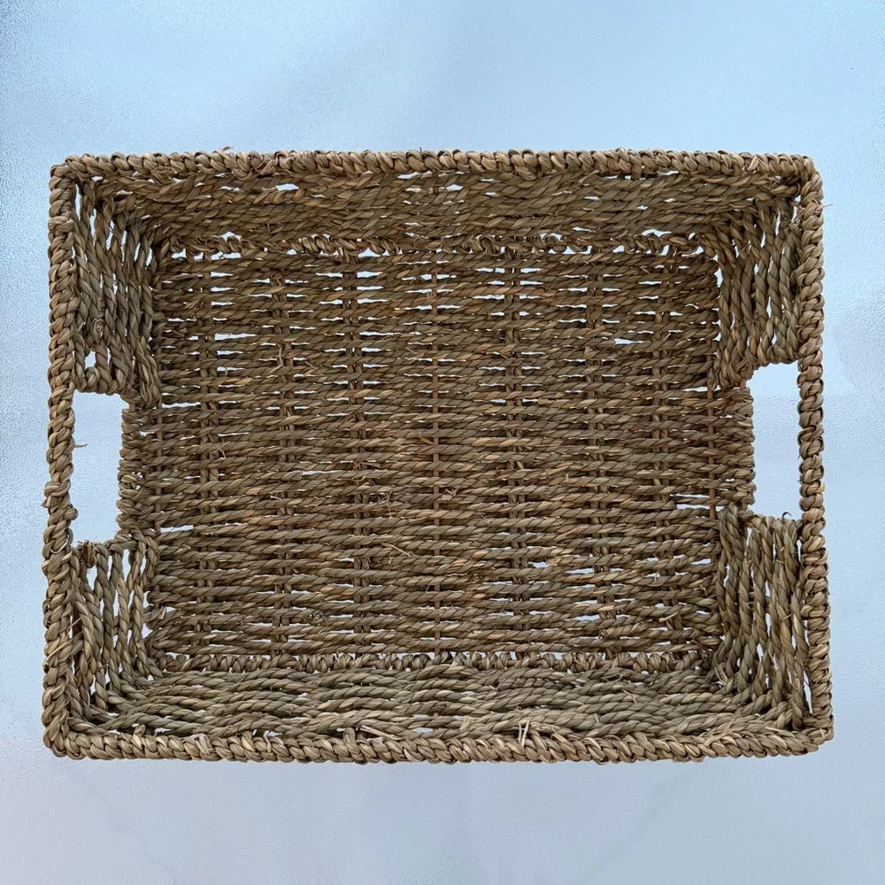 Rectangular Woven Seagrass Shallow Storage Basket Serving Tray